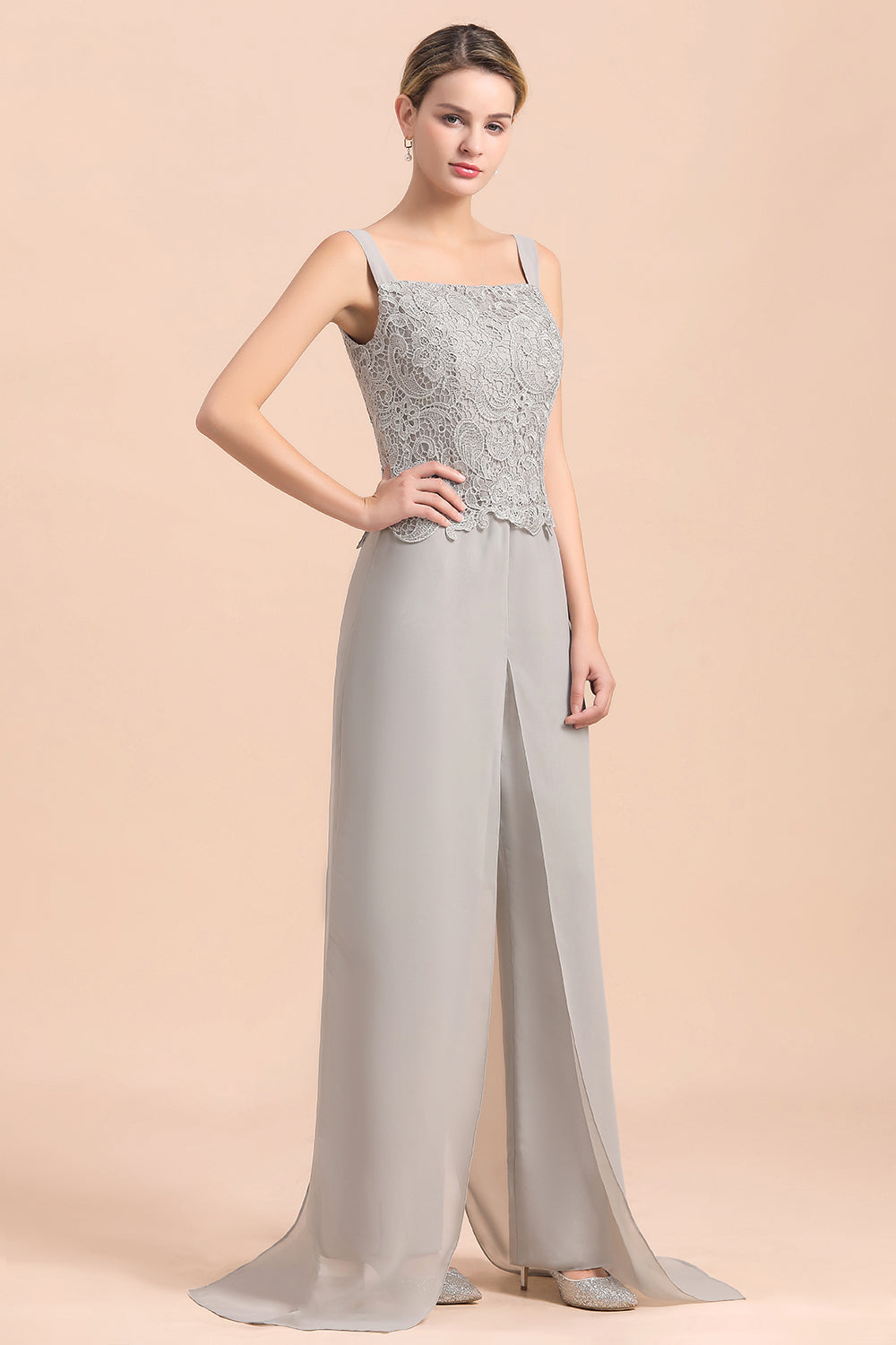 Chic Silver Lace Chiffon Long Sleeves Mother of Bride Jumpsuit With Wrap