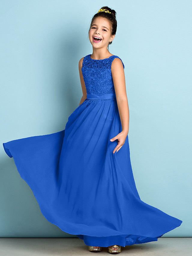 Long A-Line Scoop Neck Floor Length Chiffon Lace Junior Bridesmaid Dress