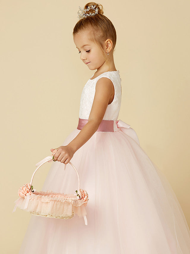 Long A-line Tulle Sleeveless Jewel Neck Flower Girl Dresses with Appliques Lace