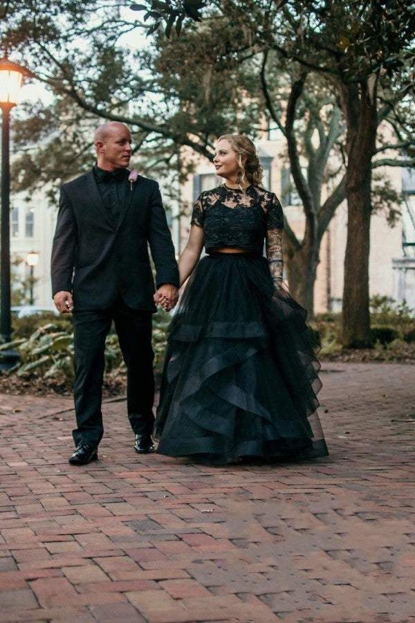 Gorgeous Long Two Piece Tulle Lace Layers A-line Black Wedding Dress with Short Sleeves
