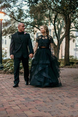 Gorgeous Long Two Piece Tulle Lace Layers A-line Black Wedding Dress with Short Sleeves