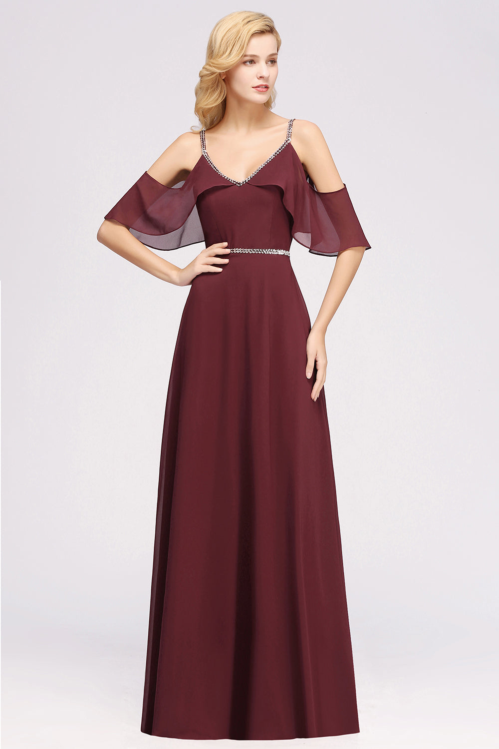 A-line Chiffon V-Neck Spaghetti Straps Sleeveless Floor Length Bridesmaid Dresses with Beading Sash