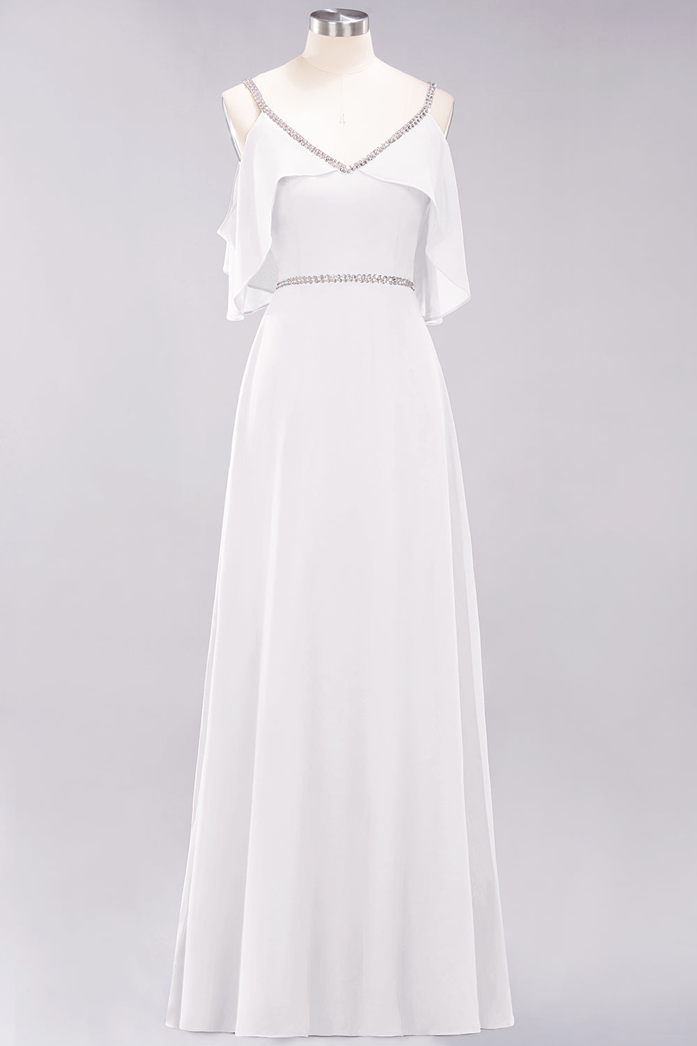 A-line Chiffon V-Neck Spaghetti Straps Sleeveless Floor Length Bridesmaid Dresses with Beading Sash