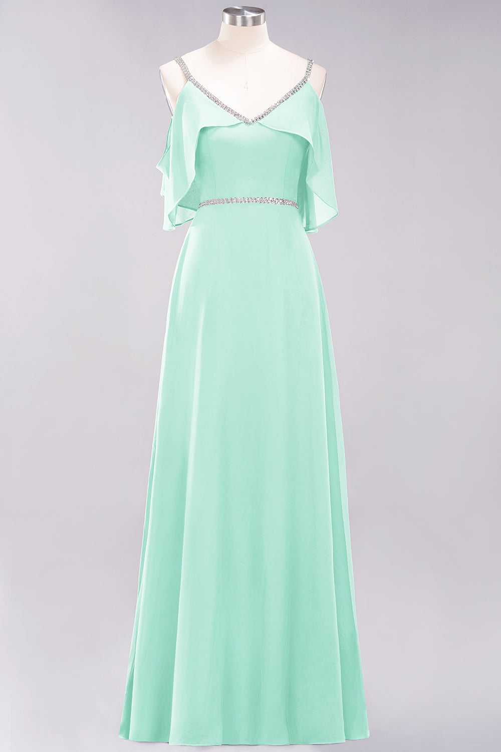 A-line Chiffon V-Neck Spaghetti Straps Sleeveless Floor Length Bridesmaid Dresses with Beading Sash