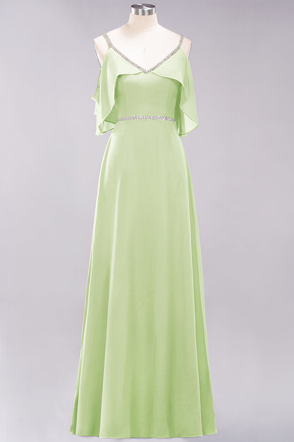 A-line Chiffon V-Neck Spaghetti Straps Sleeveless Floor Length Bridesmaid Dresses with Beading Sash