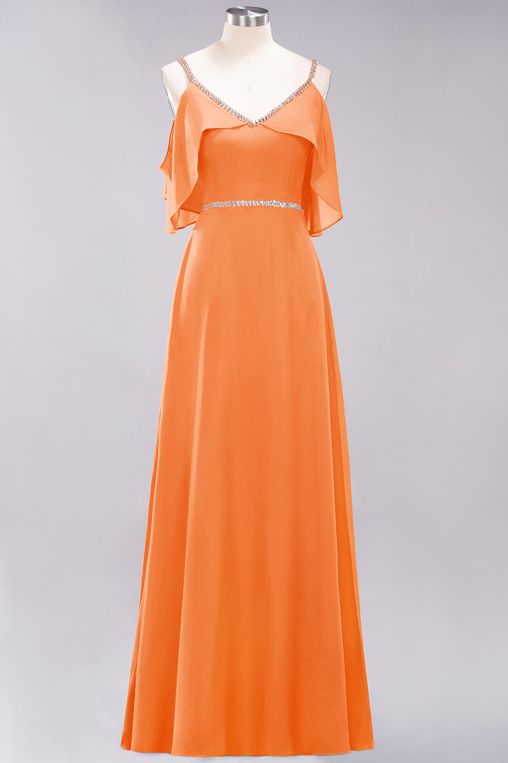 A-line Chiffon V-Neck Spaghetti Straps Sleeveless Floor Length Bridesmaid Dresses with Beading Sash