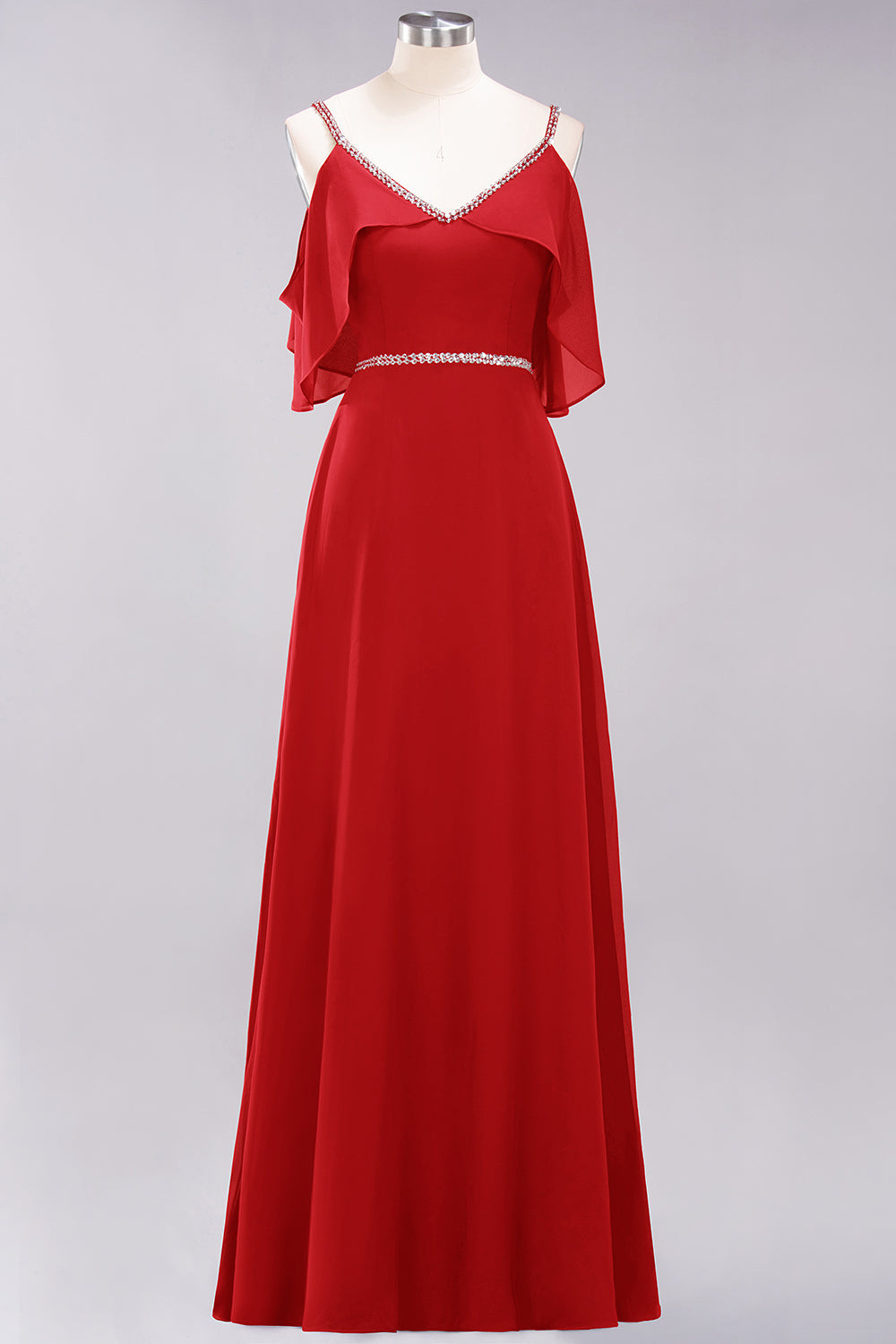 A-line Chiffon V-Neck Spaghetti Straps Sleeveless Floor Length Bridesmaid Dresses with Beading Sash