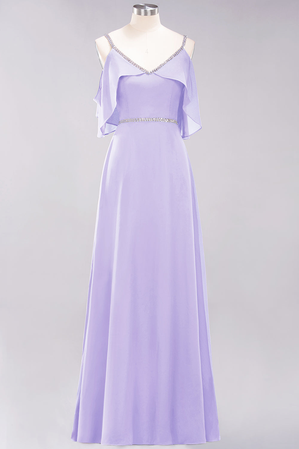 A-line Chiffon V-Neck Spaghetti Straps Sleeveless Floor Length Bridesmaid Dresses with Beading Sash