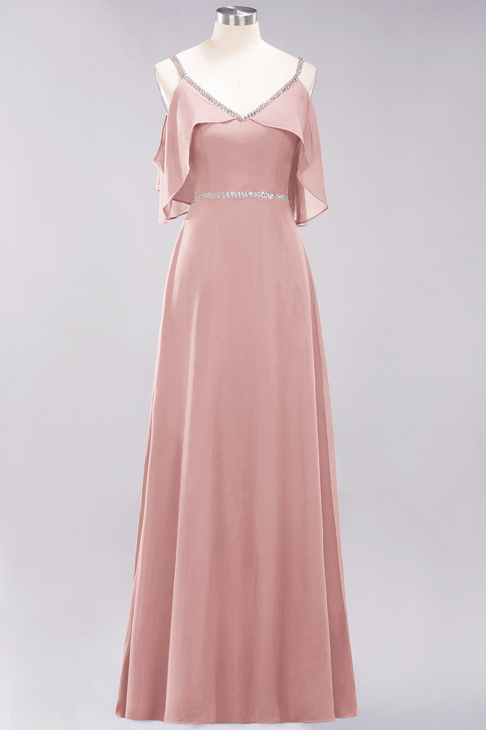 A-line Chiffon V-Neck Spaghetti Straps Sleeveless Floor Length Bridesmaid Dresses with Beading Sash