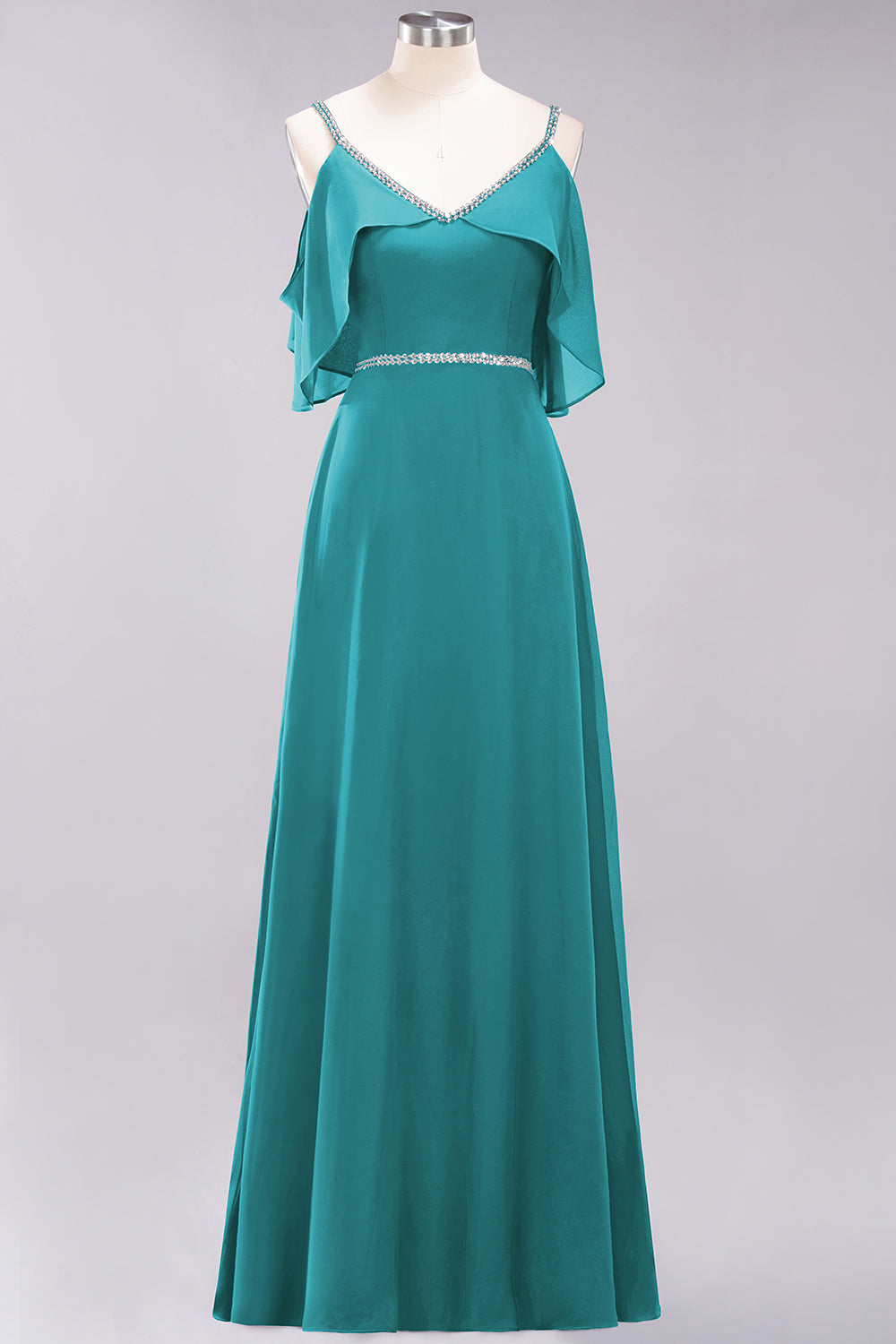 A-line Chiffon V-Neck Spaghetti Straps Sleeveless Floor Length Bridesmaid Dresses with Beading Sash