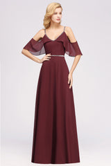 A-line Chiffon V-Neck Spaghetti Straps Sleeveless Floor Length Bridesmaid Dresses with Beading Sash
