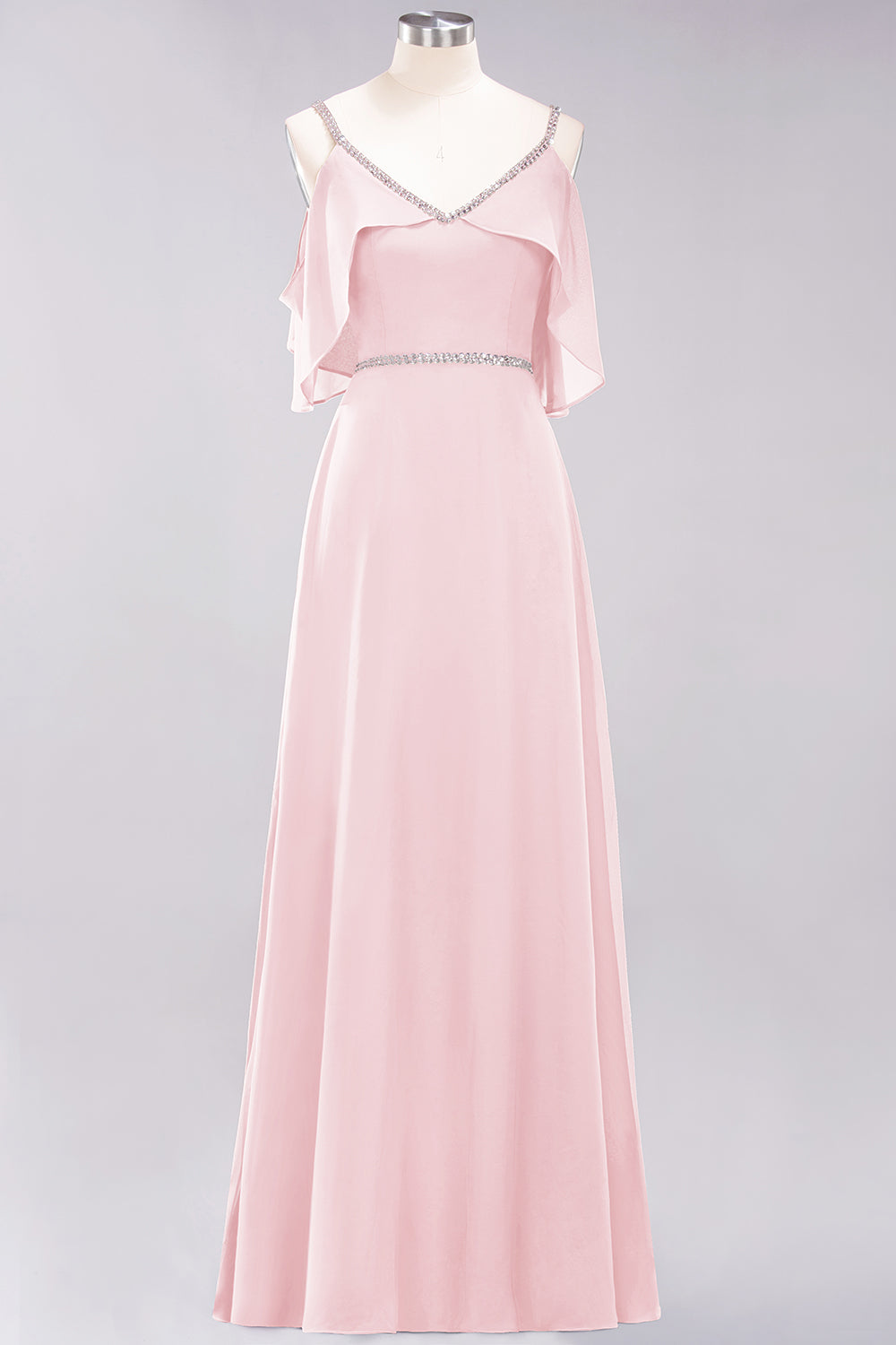 A-line Chiffon V-Neck Spaghetti Straps Sleeveless Floor Length Bridesmaid Dresses with Beading Sash