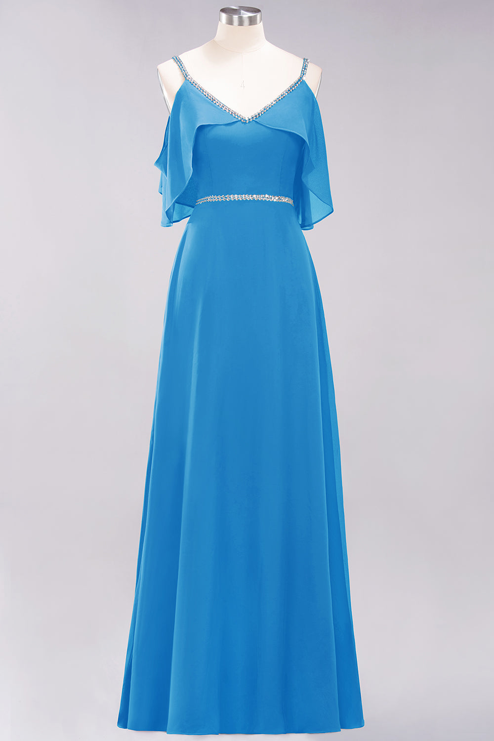 A-line Chiffon V-Neck Spaghetti Straps Sleeveless Floor Length Bridesmaid Dresses with Beading Sash