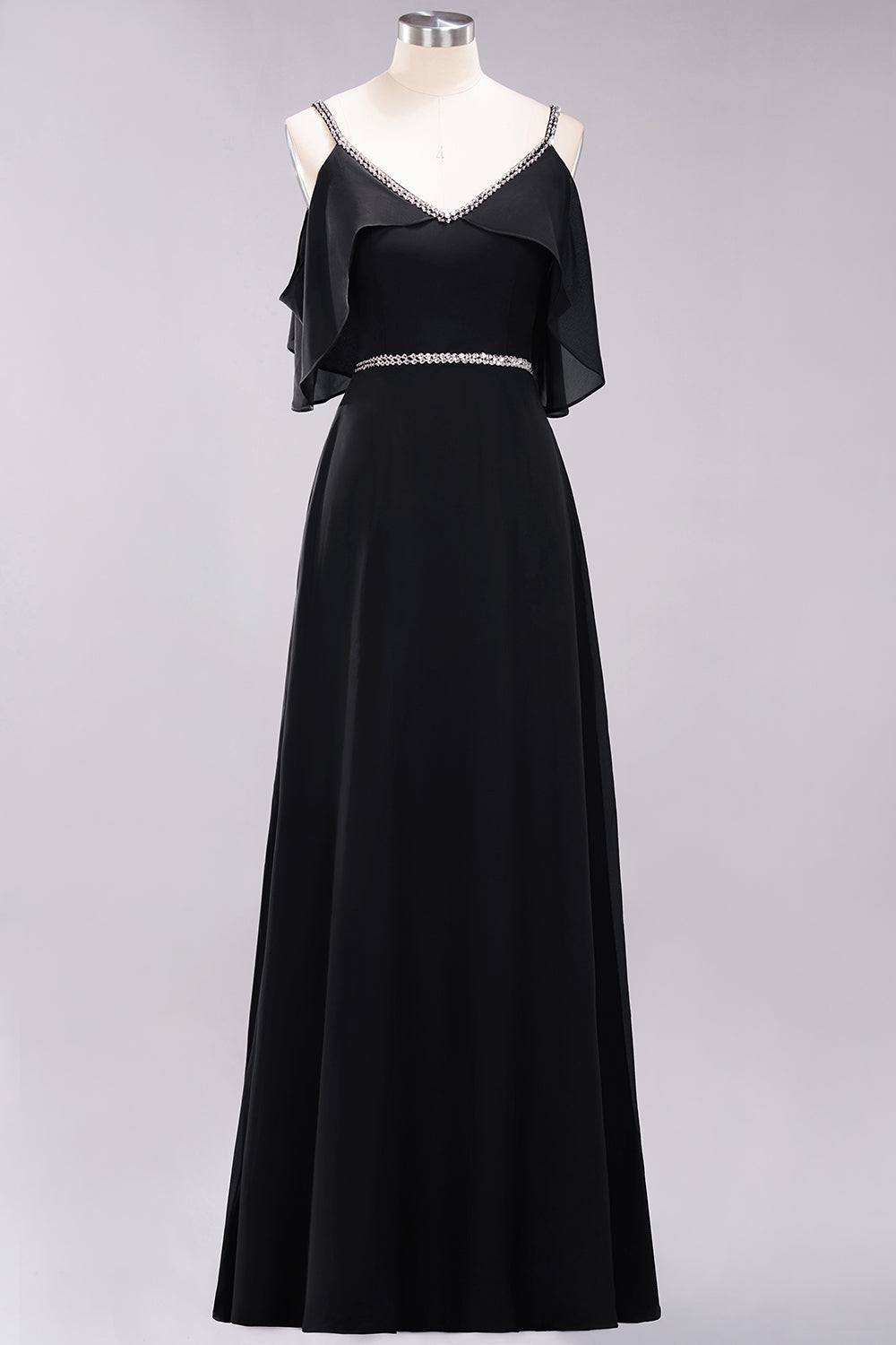 A-line Chiffon V-Neck Spaghetti Straps Sleeveless Floor Length Bridesmaid Dresses with Beading Sash