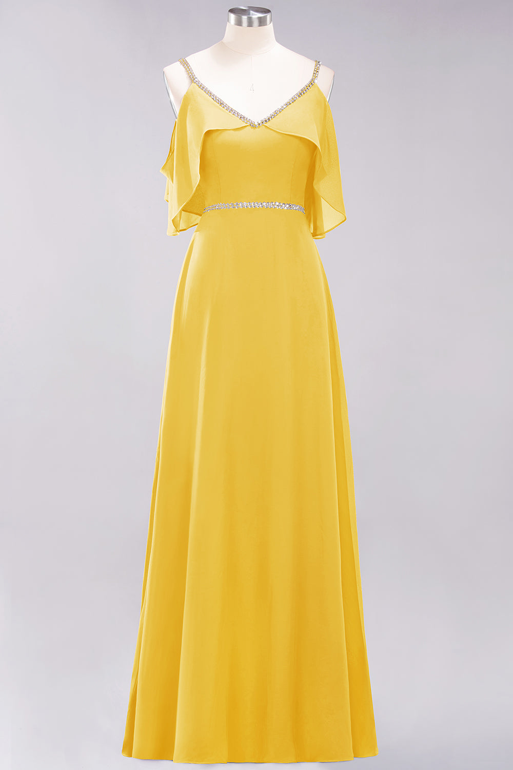 A-line Chiffon V-Neck Spaghetti Straps Sleeveless Floor Length Bridesmaid Dresses with Beading Sash