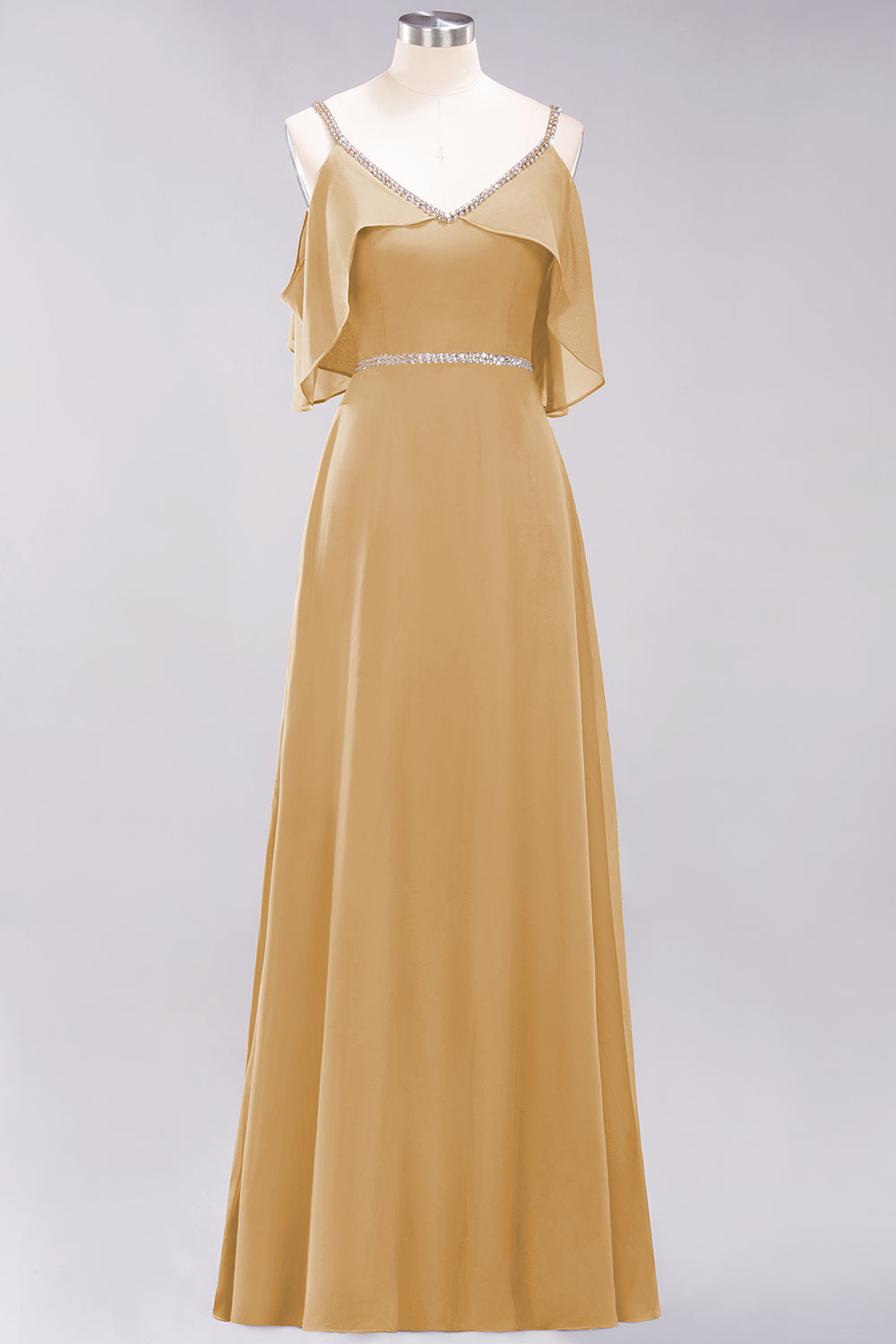 A-line Chiffon V-Neck Spaghetti Straps Sleeveless Floor Length Bridesmaid Dresses with Beading Sash