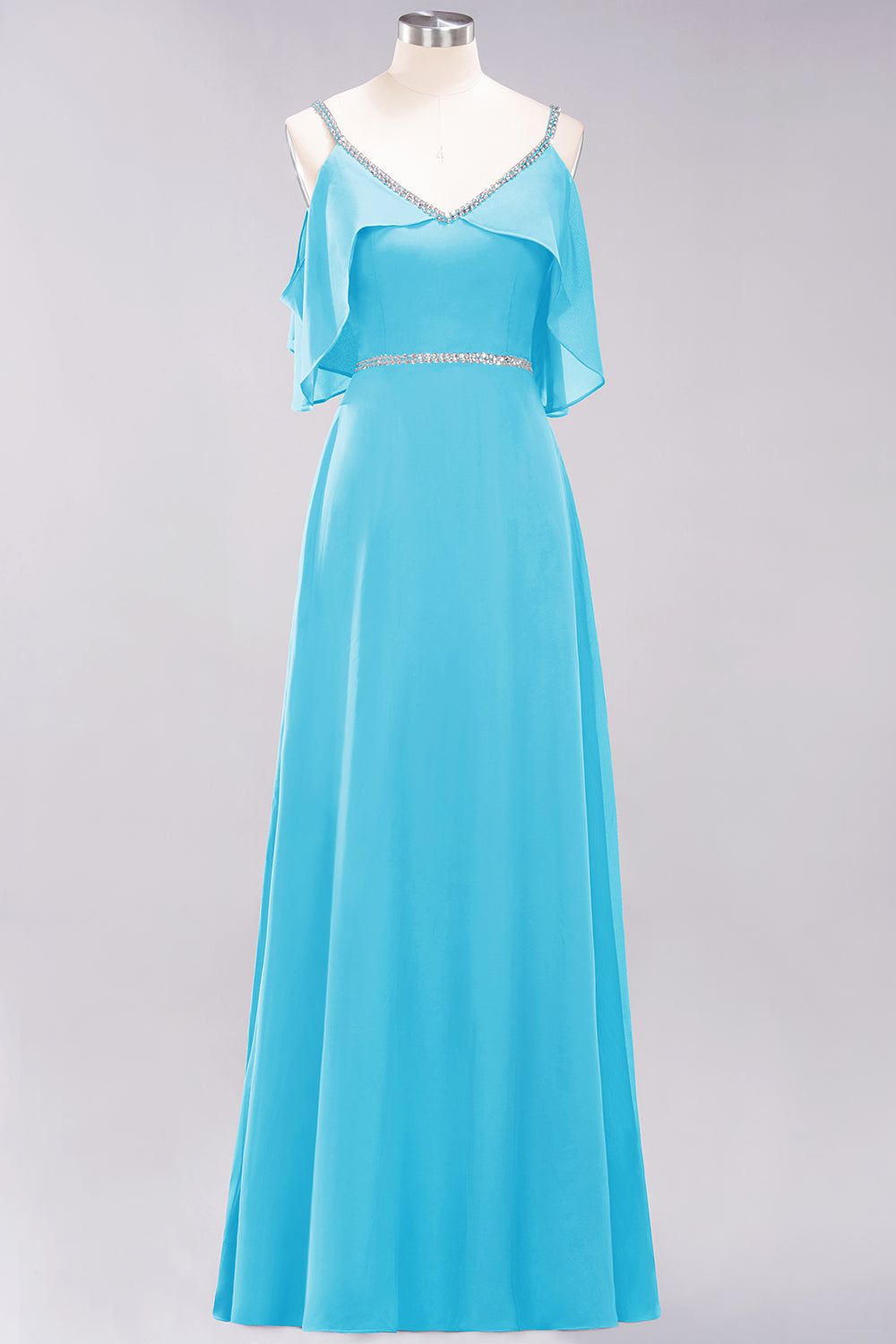 A-line Chiffon V-Neck Spaghetti Straps Sleeveless Floor Length Bridesmaid Dresses with Beading Sash