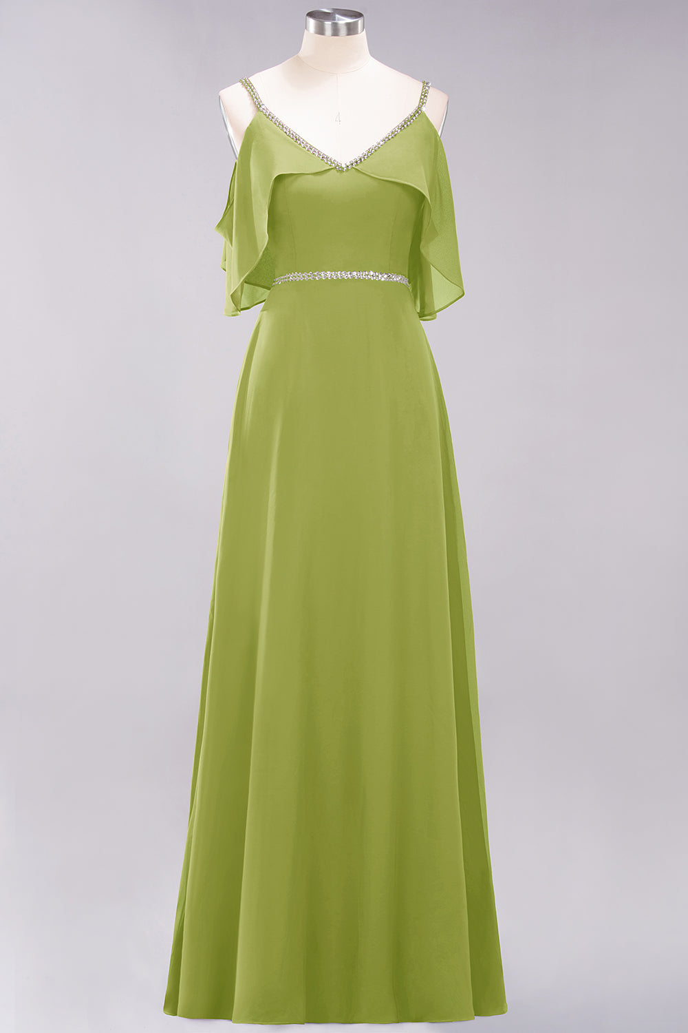 A-line Chiffon V-Neck Spaghetti Straps Sleeveless Floor Length Bridesmaid Dresses with Beading Sash