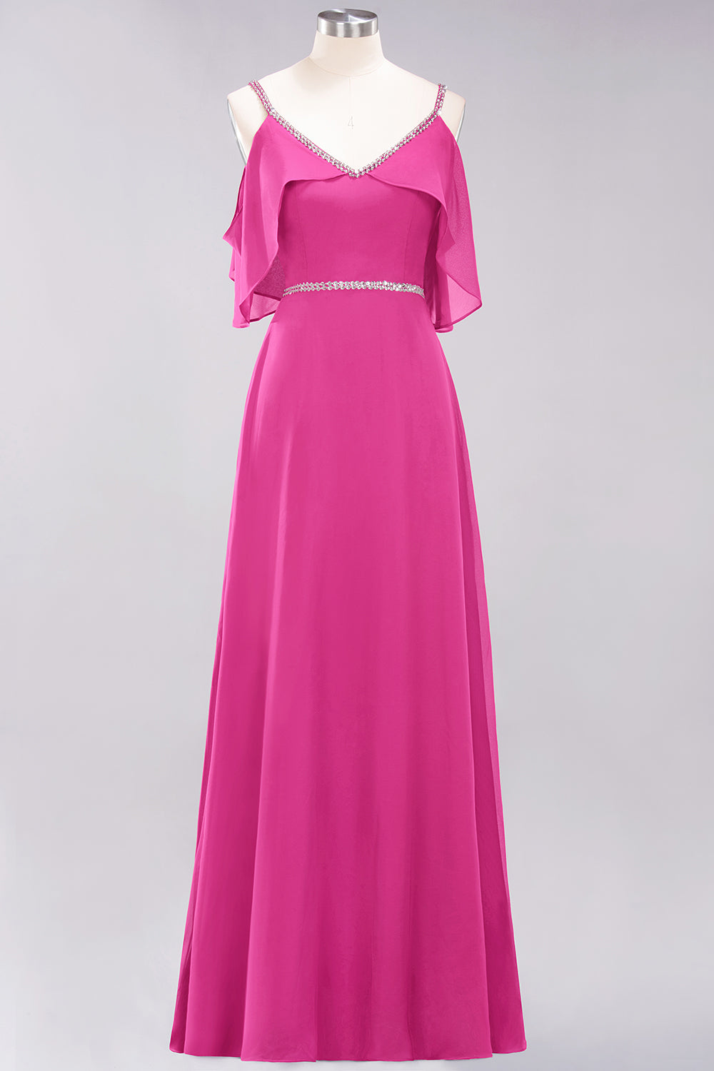 A-line Chiffon V-Neck Spaghetti Straps Sleeveless Floor Length Bridesmaid Dresses with Beading Sash