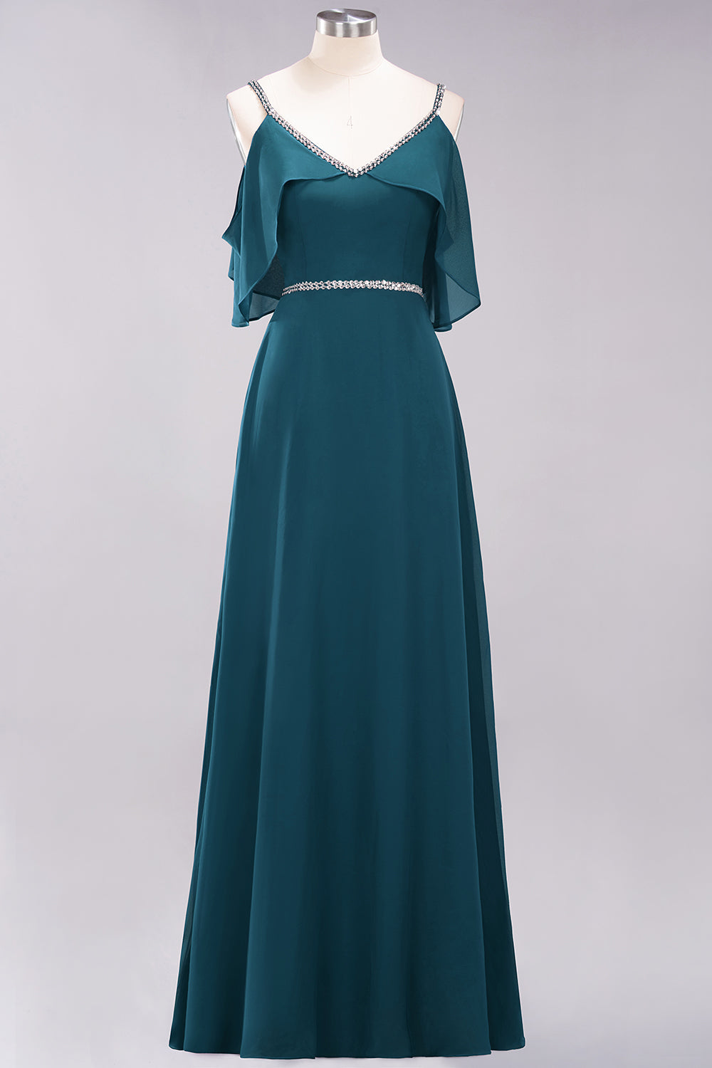 A-line Chiffon V-Neck Spaghetti Straps Sleeveless Floor Length Bridesmaid Dresses with Beading Sash