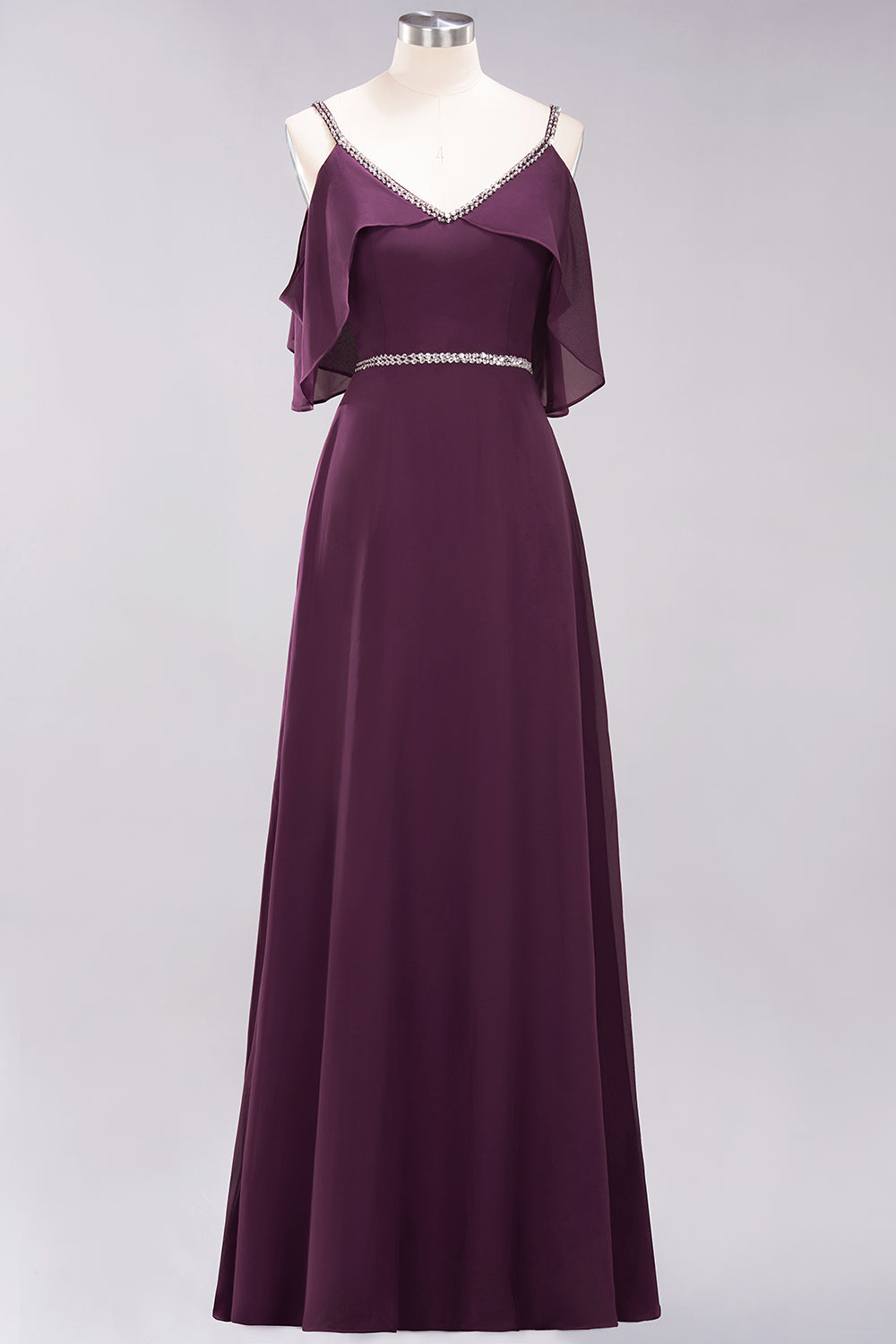 A-line Chiffon V-Neck Spaghetti Straps Sleeveless Floor Length Bridesmaid Dresses with Beading Sash