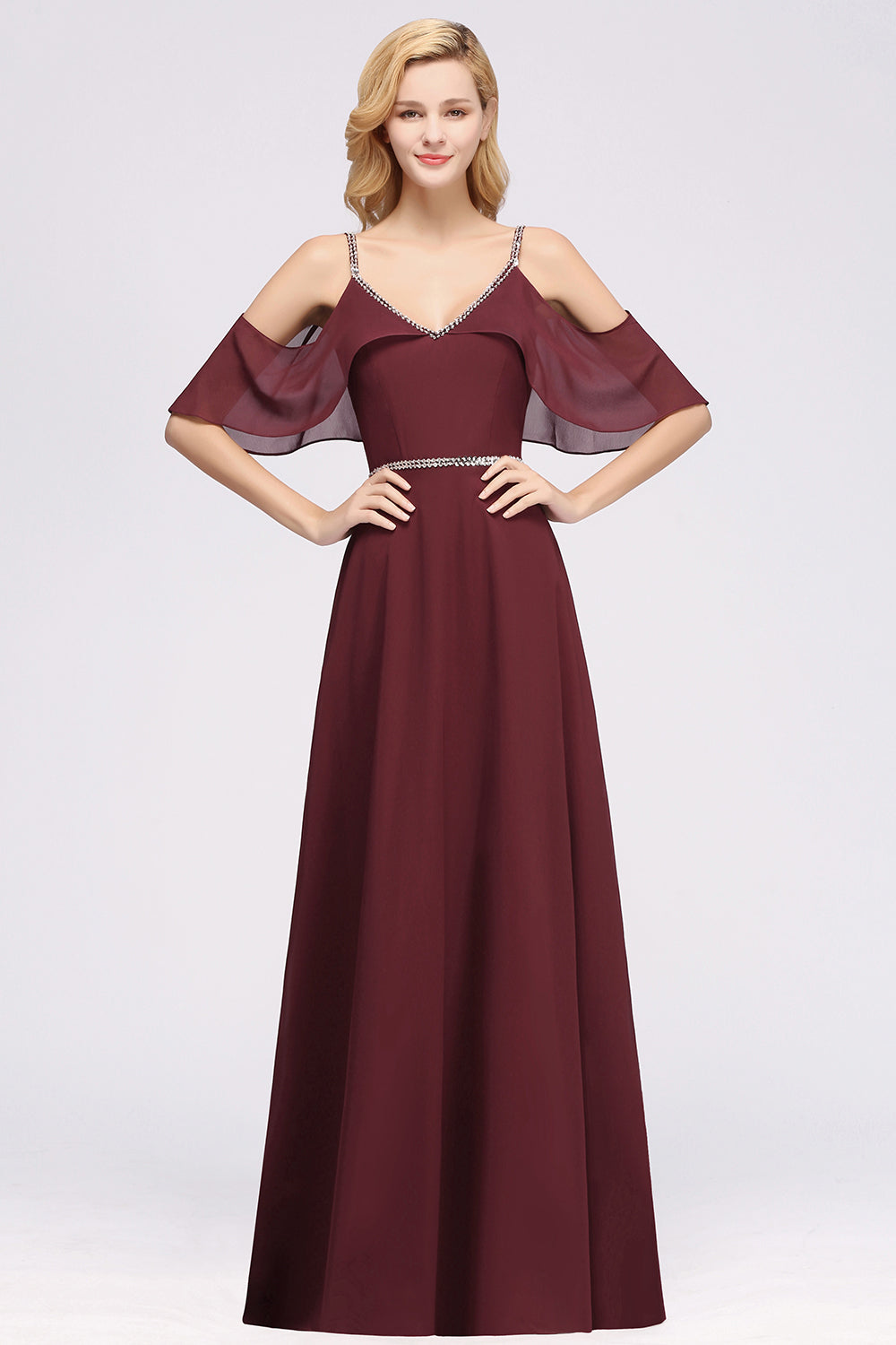 A-line Chiffon V-Neck Spaghetti Straps Sleeveless Floor Length Bridesmaid Dresses with Beading Sash