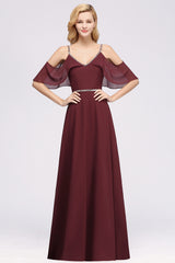 A-line Chiffon V-Neck Spaghetti Straps Sleeveless Floor Length Bridesmaid Dresses with Beading Sash