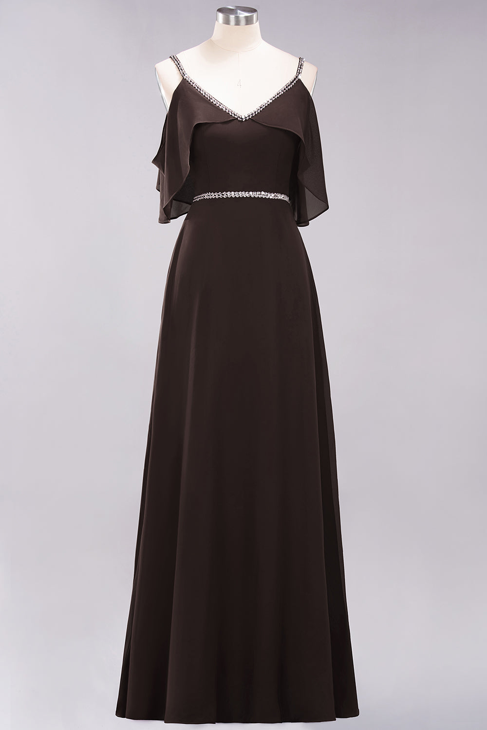 A-line Chiffon V-Neck Spaghetti Straps Sleeveless Floor Length Bridesmaid Dresses with Beading Sash