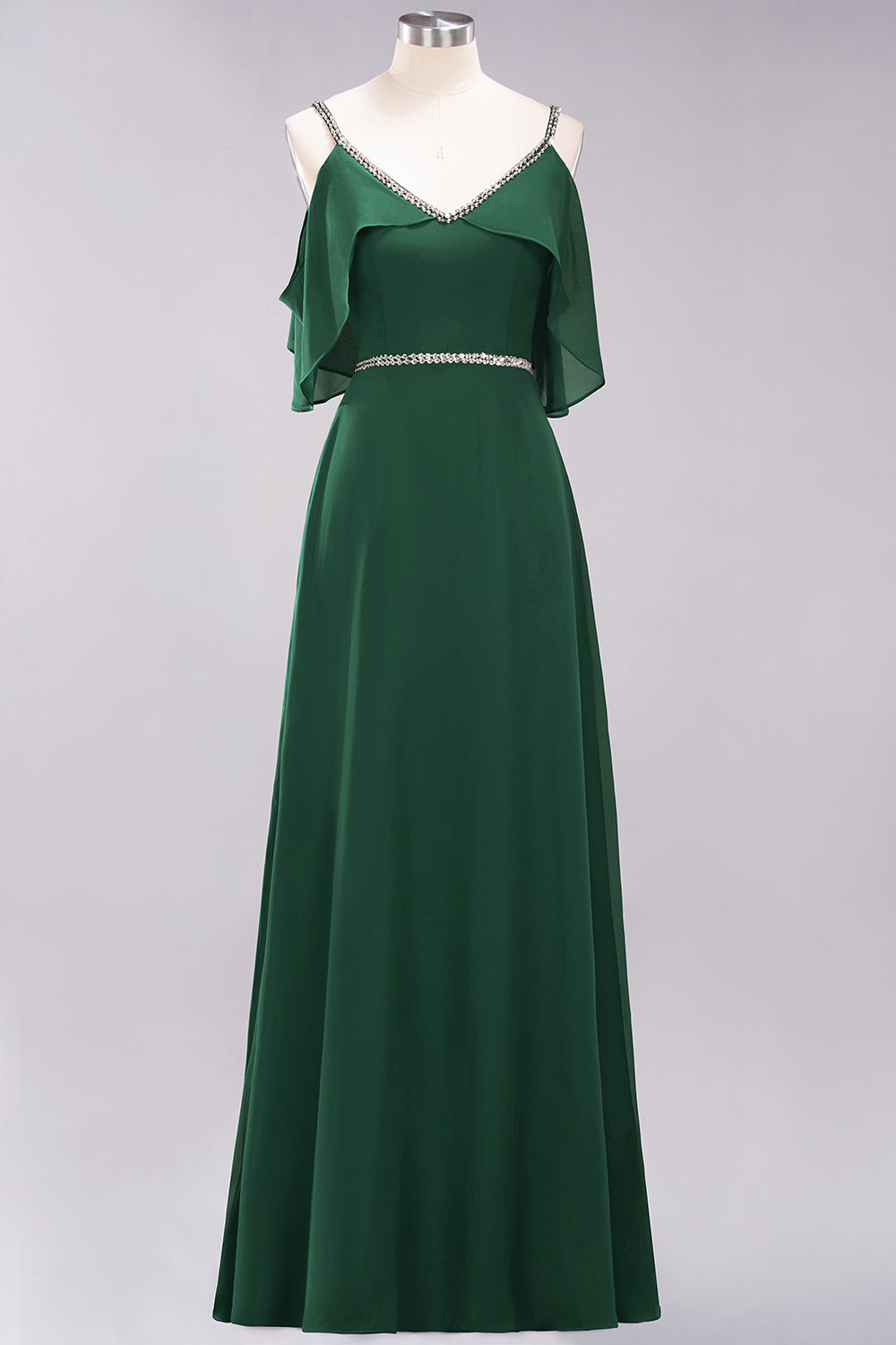 A-line Chiffon V-Neck Spaghetti Straps Sleeveless Floor Length Bridesmaid Dresses with Beading Sash