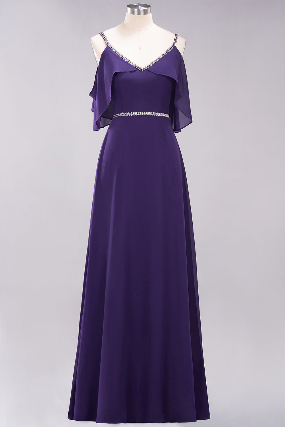A-line Chiffon V-Neck Spaghetti Straps Sleeveless Floor Length Bridesmaid Dresses with Beading Sash