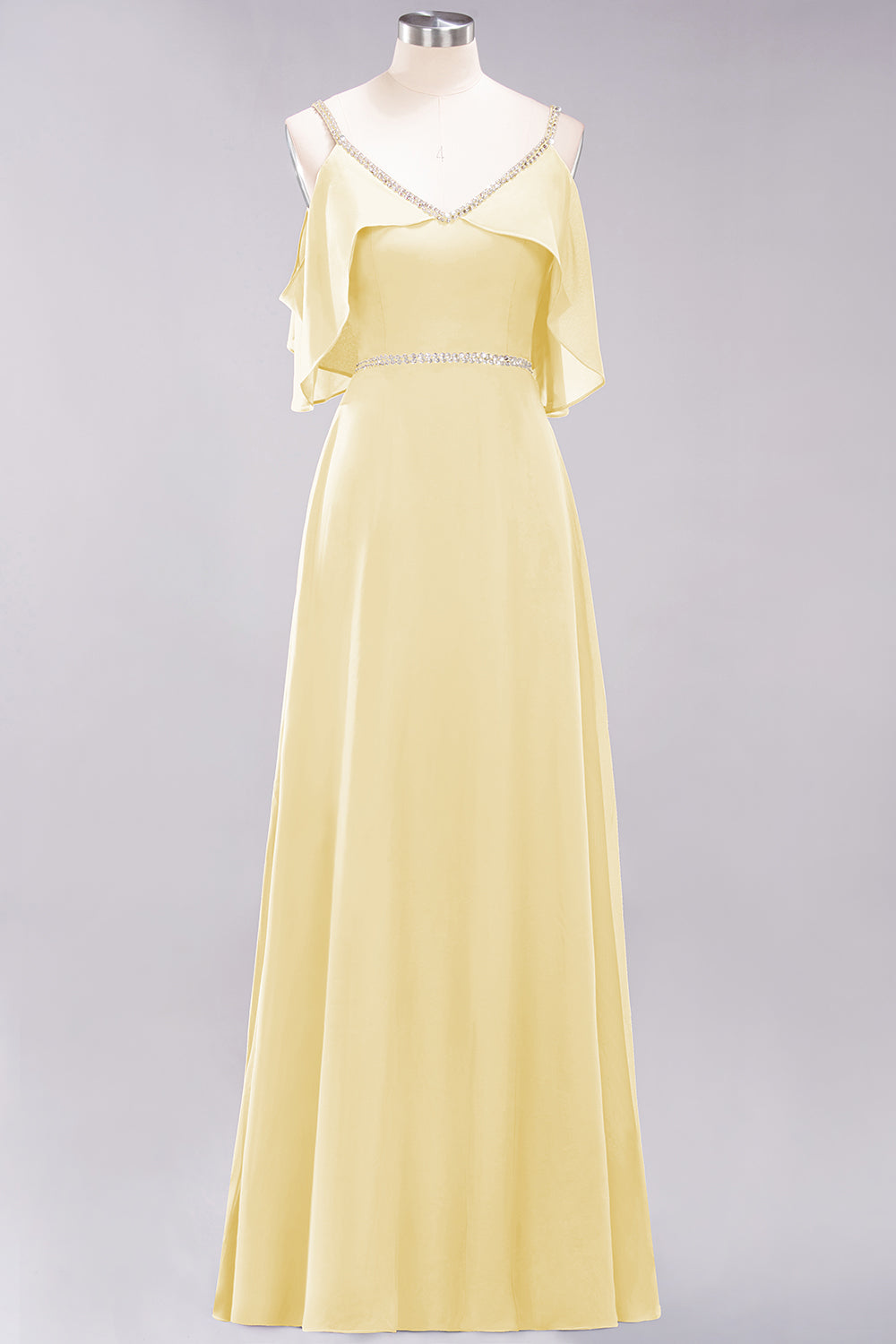 A-line Chiffon V-Neck Spaghetti Straps Sleeveless Floor Length Bridesmaid Dresses with Beading Sash