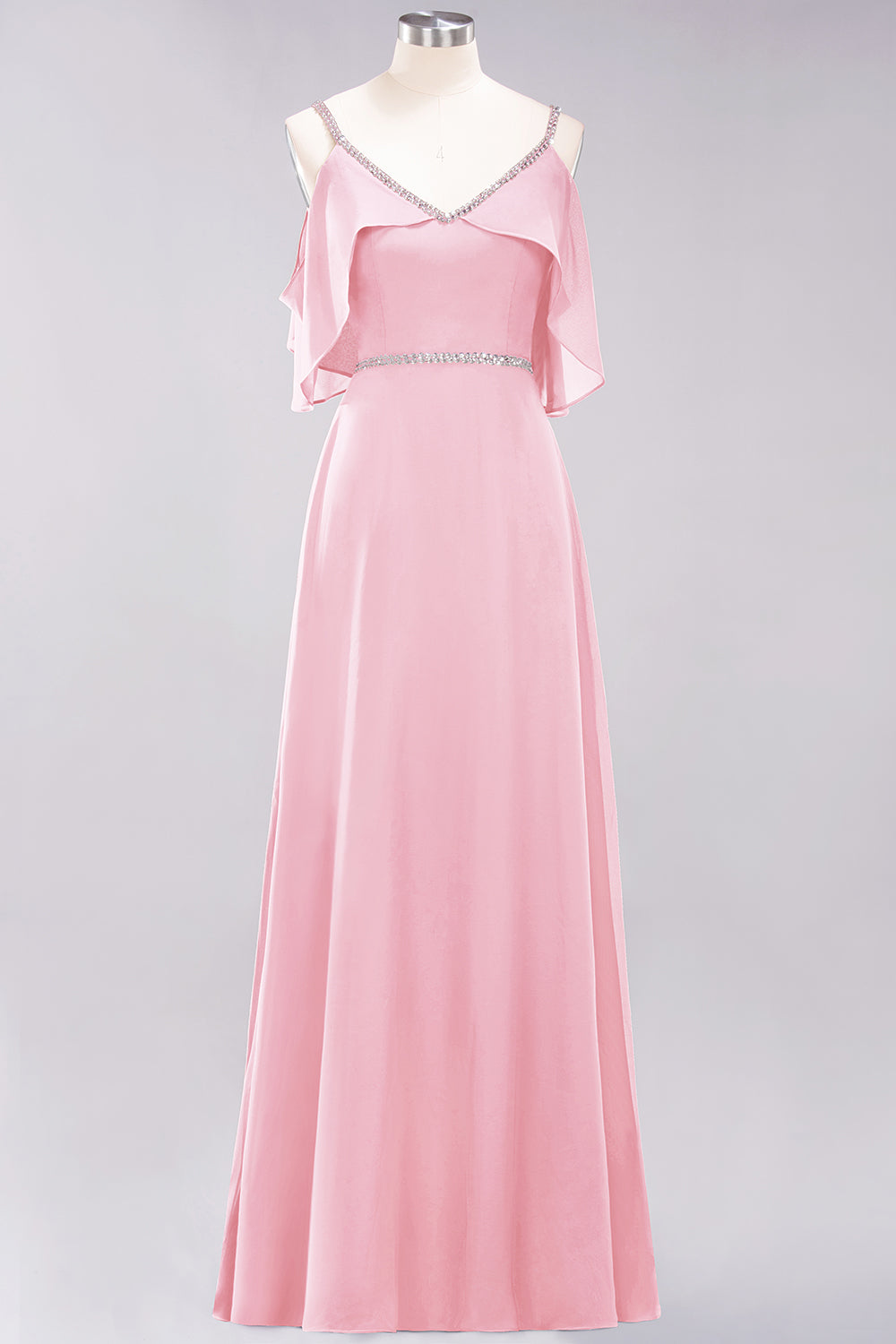 A-line Chiffon V-Neck Spaghetti Straps Sleeveless Floor Length Bridesmaid Dresses with Beading Sash