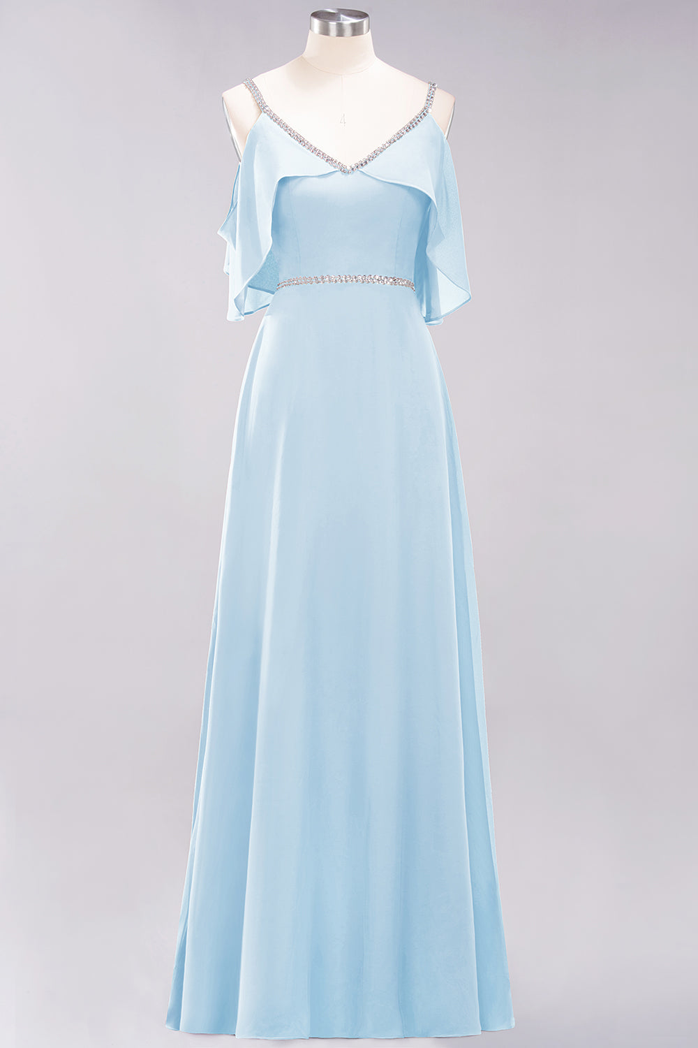 A-line Chiffon V-Neck Spaghetti Straps Sleeveless Floor Length Bridesmaid Dresses with Beading Sash