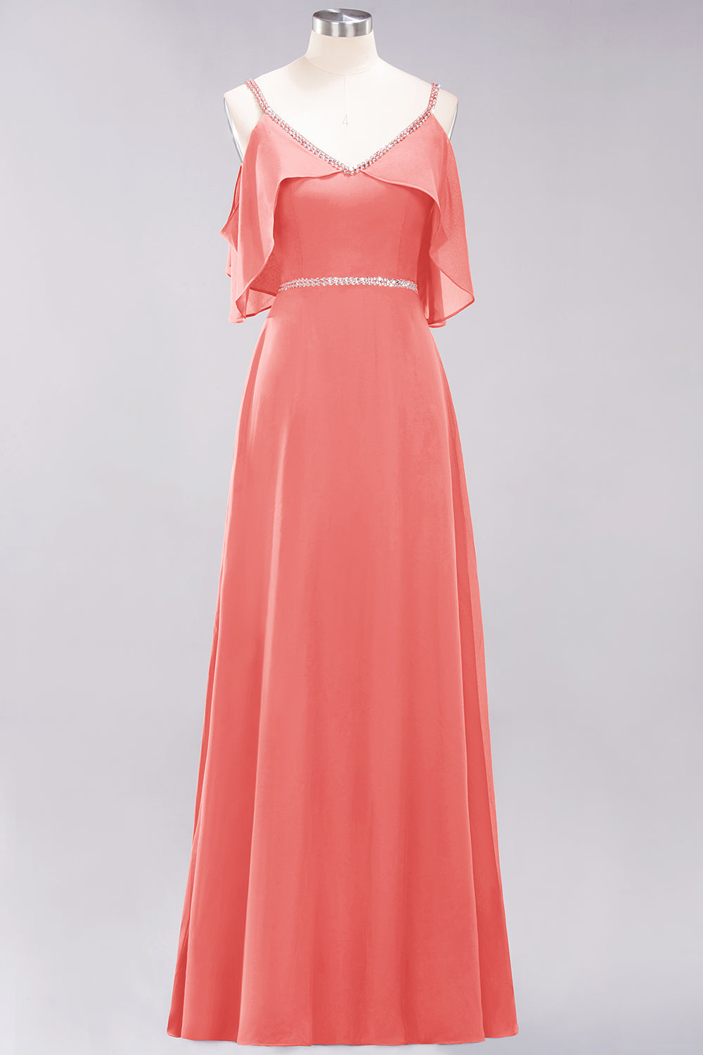 A-line Chiffon V-Neck Spaghetti Straps Sleeveless Floor Length Bridesmaid Dresses with Beading Sash