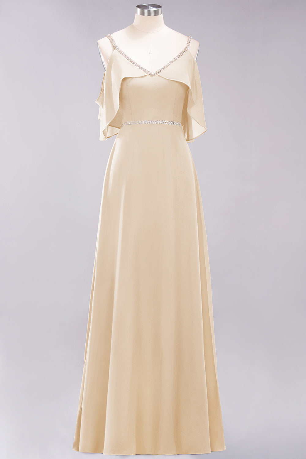 A-line Chiffon V-Neck Spaghetti Straps Sleeveless Floor Length Bridesmaid Dresses with Beading Sash