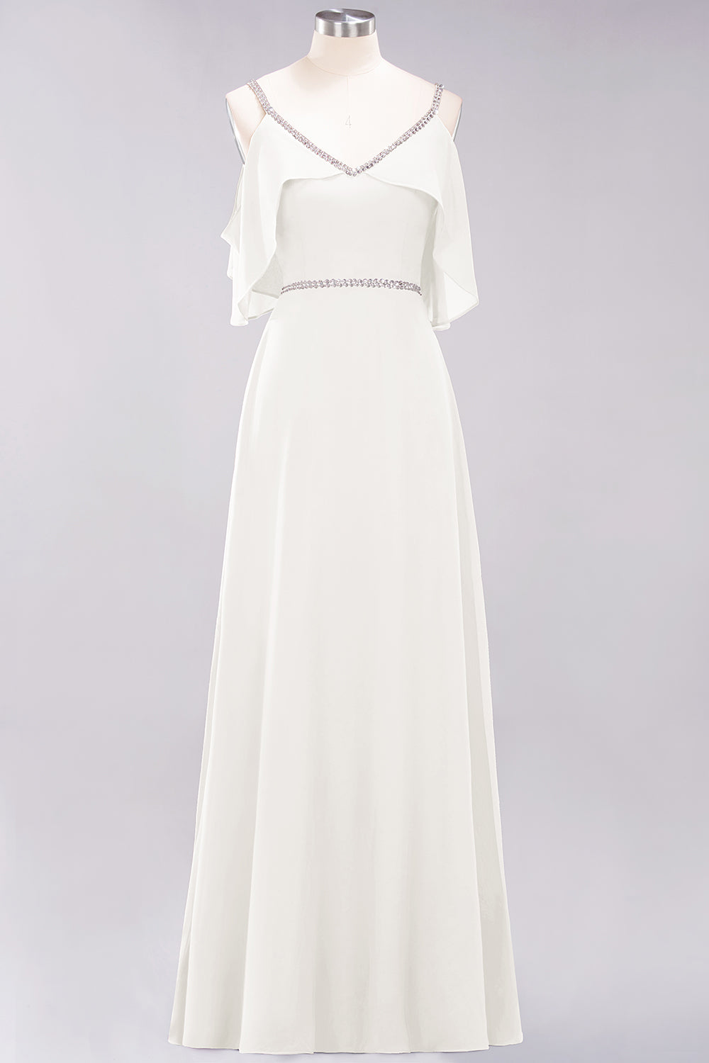 A-line Chiffon V-Neck Spaghetti Straps Sleeveless Floor Length Bridesmaid Dresses with Beading Sash
