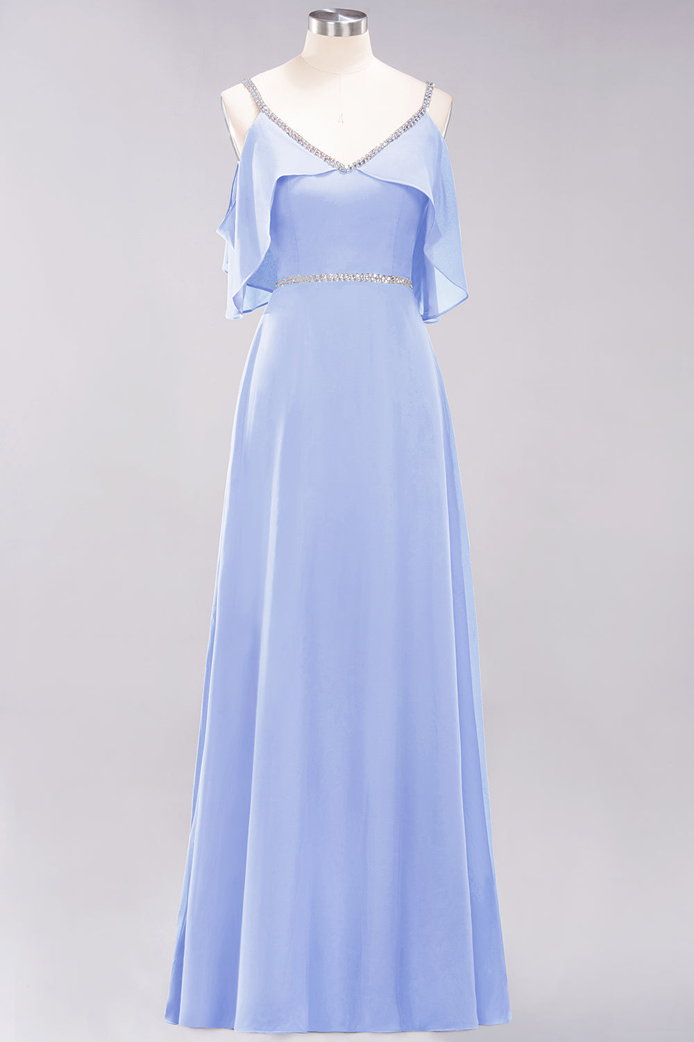 A-line Chiffon V-Neck Spaghetti Straps Sleeveless Floor Length Bridesmaid Dresses with Beading Sash