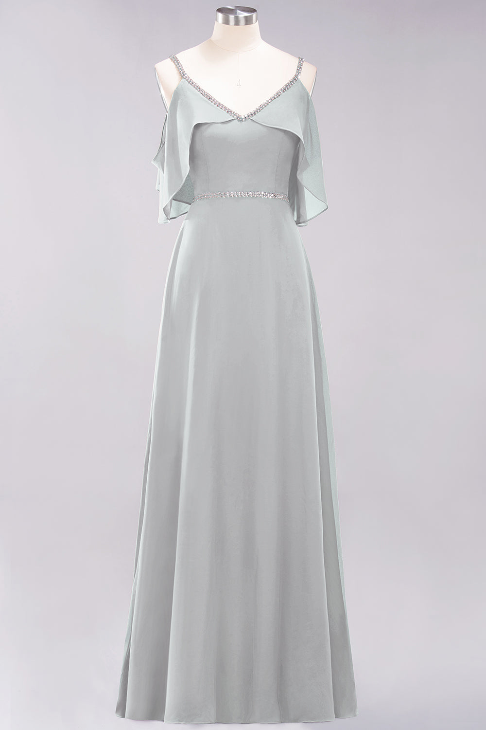 A-line Chiffon V-Neck Spaghetti Straps Sleeveless Floor Length Bridesmaid Dresses with Beading Sash