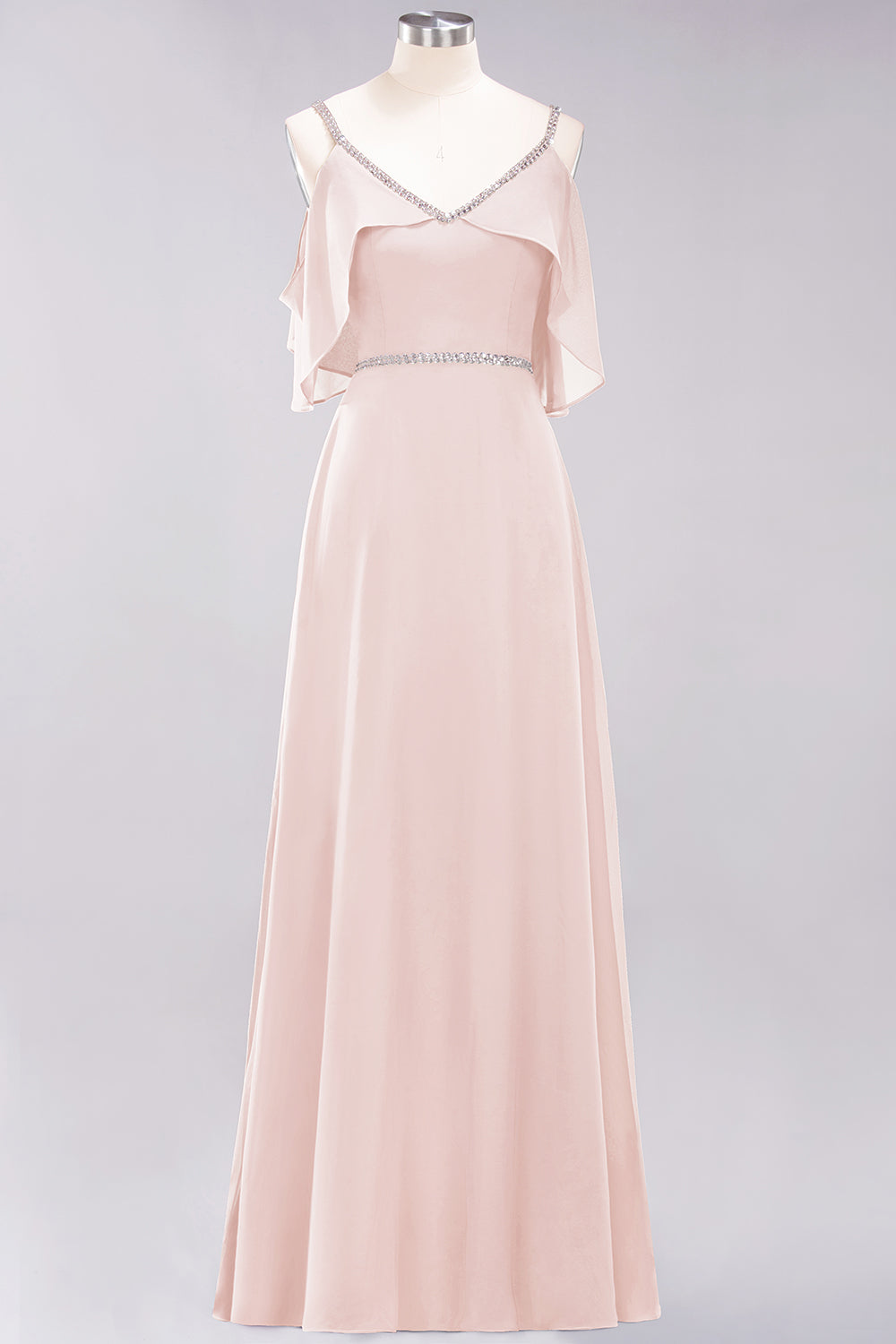 A-line Chiffon V-Neck Spaghetti Straps Sleeveless Floor Length Bridesmaid Dresses with Beading Sash