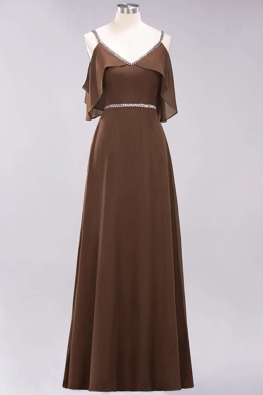 A-line Chiffon V-Neck Spaghetti Straps Sleeveless Floor Length Bridesmaid Dresses with Beading Sash