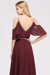 A-line Chiffon V-Neck Spaghetti Straps Sleeveless Floor Length Bridesmaid Dresses with Beading Sash