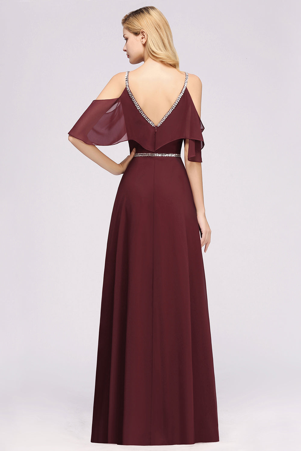 A-line Chiffon V-Neck Spaghetti Straps Sleeveless Floor Length Bridesmaid Dresses with Beading Sash