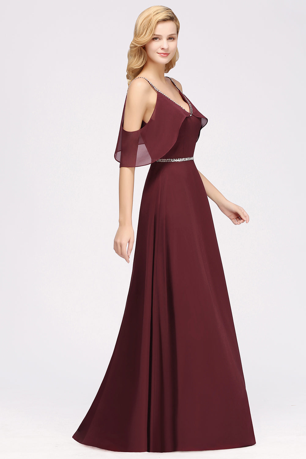 A-line Chiffon V-Neck Spaghetti Straps Sleeveless Floor Length Bridesmaid Dresses with Beading Sash