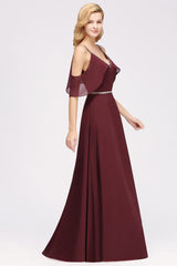 A-line Chiffon V-Neck Spaghetti Straps Sleeveless Floor Length Bridesmaid Dresses with Beading Sash