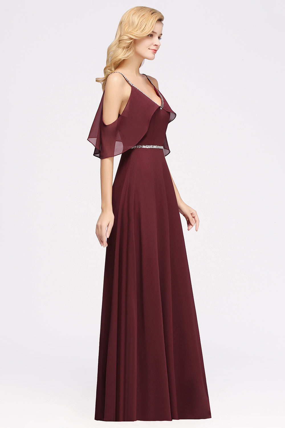 A-line Chiffon V-Neck Spaghetti Straps Sleeveless Floor Length Bridesmaid Dresses with Beading Sash