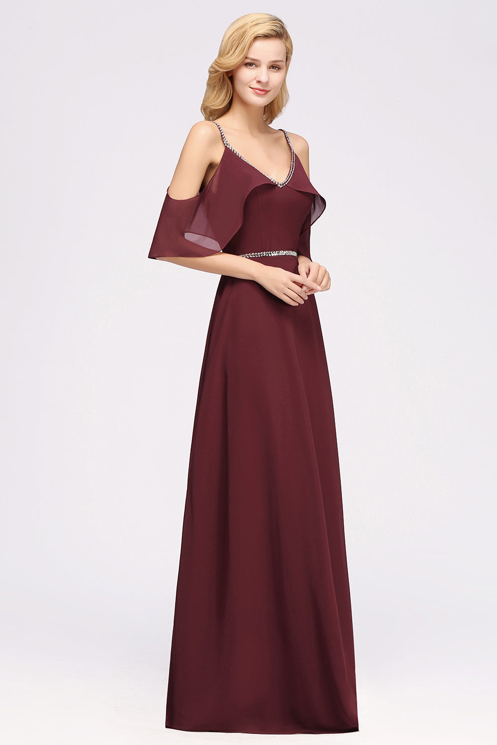 A-line Chiffon V-Neck Spaghetti Straps Sleeveless Floor Length Bridesmaid Dresses with Beading Sash