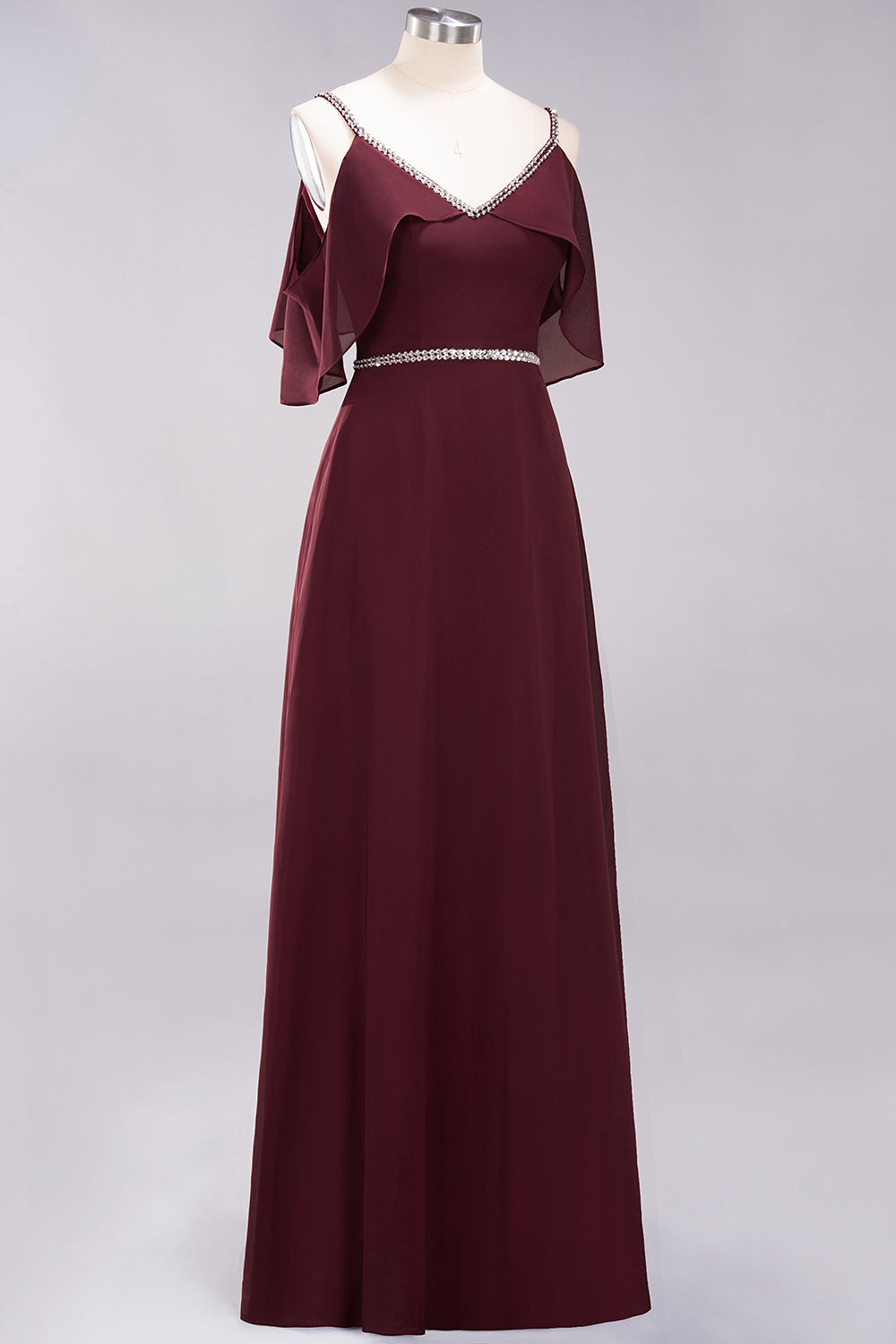 A-line Chiffon V-Neck Spaghetti Straps Sleeveless Floor Length Bridesmaid Dresses with Beading Sash