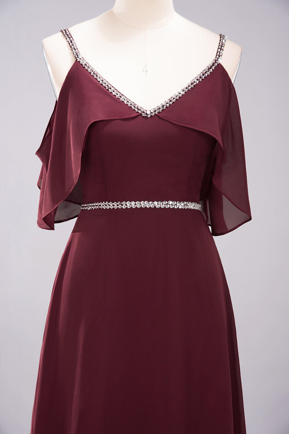 A-line Chiffon V-Neck Spaghetti Straps Sleeveless Floor Length Bridesmaid Dresses with Beading Sash