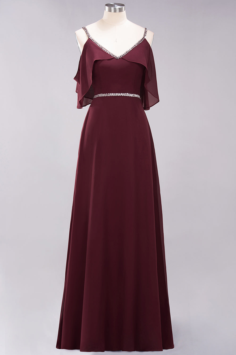 A-line Chiffon V-Neck Spaghetti Straps Sleeveless Floor Length Bridesmaid Dresses with Beading Sash