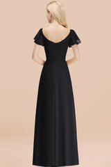 Elegant V Neck Short Sleeves Chiffon A-line Long Black Bridesmaid Dress